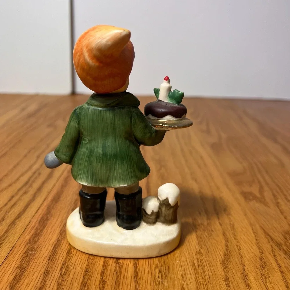 VTG Christmas Caroler Child Figurine Holding Christmas Pudding Cake Mid Century